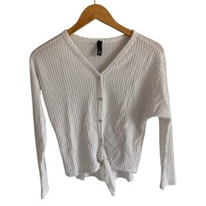 Alya Waffle Knit Long-sleeve Soft White Knot Tie Front Top